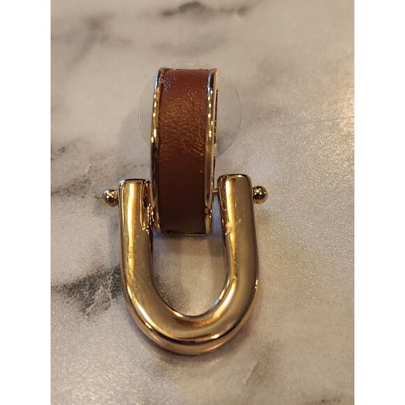 Gold-Tone & Brown Napier Faux Leather Hoop Earrings - Picture 4 of 5